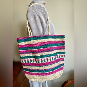 Handmade Raffia Tote Bag in Pink, Green, and Cream